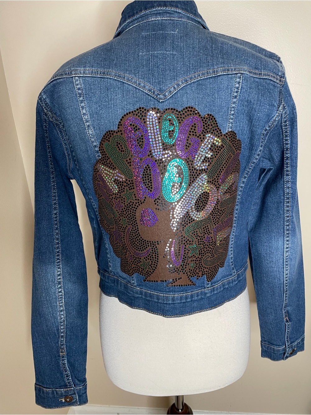 Embellished Patch Denim Jacket - Blue with Green & Purple Accents